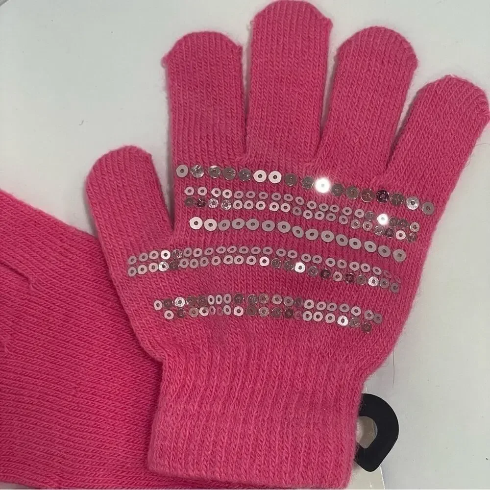 Pink Silver Sequins Winter Gloves